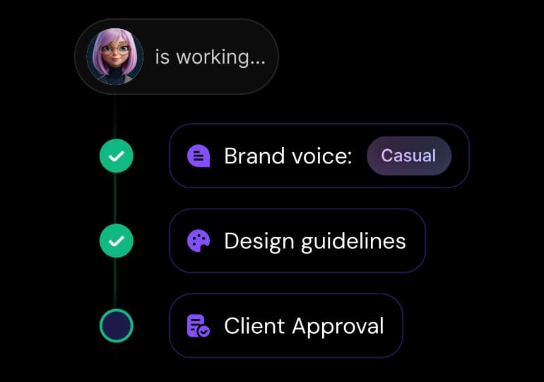 Emilia working through a brand-voice, design and approval checklist